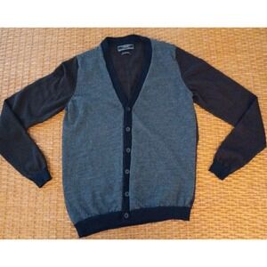 Zara Man Cardigan Sweater Size 42‎ Longsleeve Gray Navy Brown 100% Fine Wool